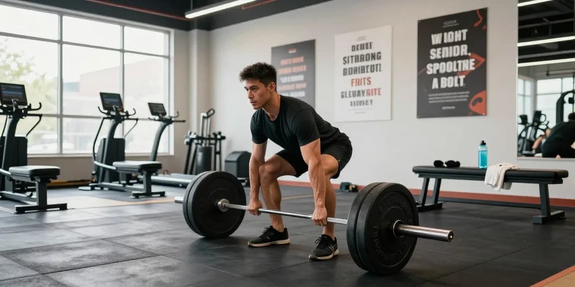 Man deadliften met barbell in Prime Pharma Steroiden Winkel, energieke sportsfeer met fitnessapparatuur.