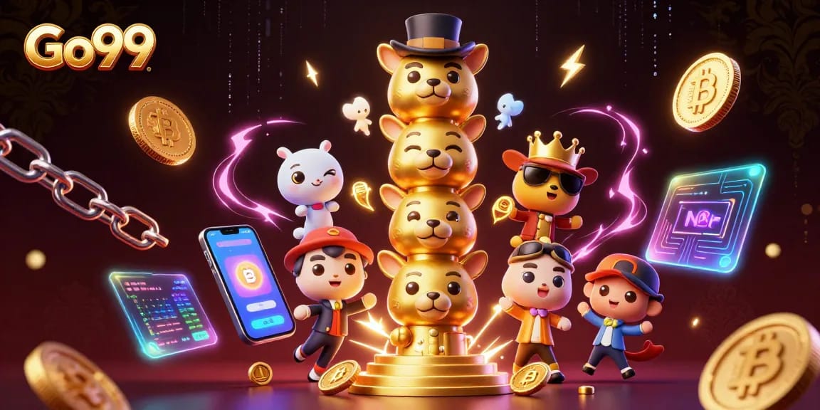 Experience the excitement of casino gaming with Go99's vibrant 3D illustration featuring crypto elements.