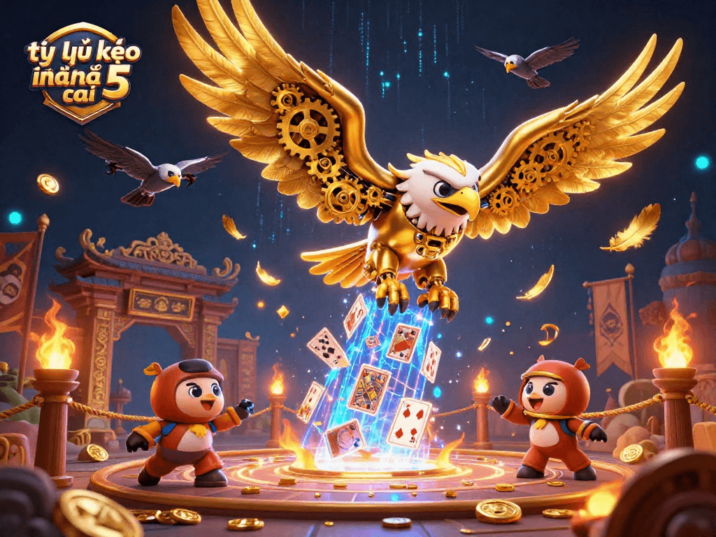 Engage with tỷ lệ kèo nhà cái 5 in an electrifying scene of a golden eagle amidst holographic cards, enhancing your betting experience.
