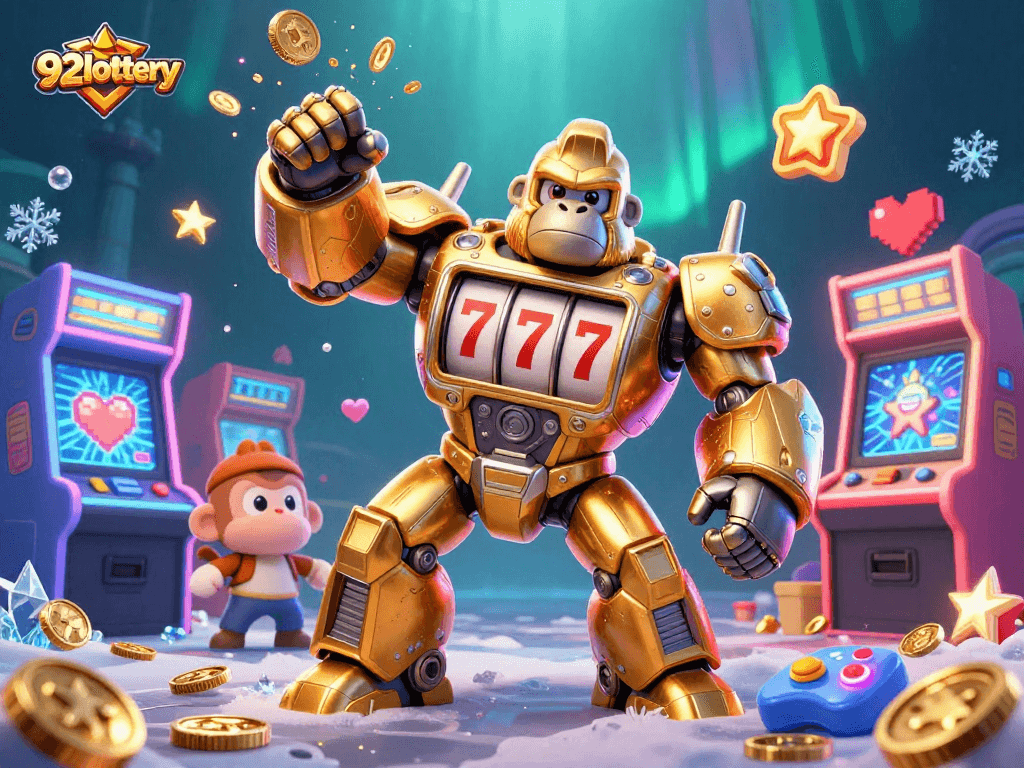 Join the excitement at 92lottery with a golden gorilla mech showcasing thrilling slot action!