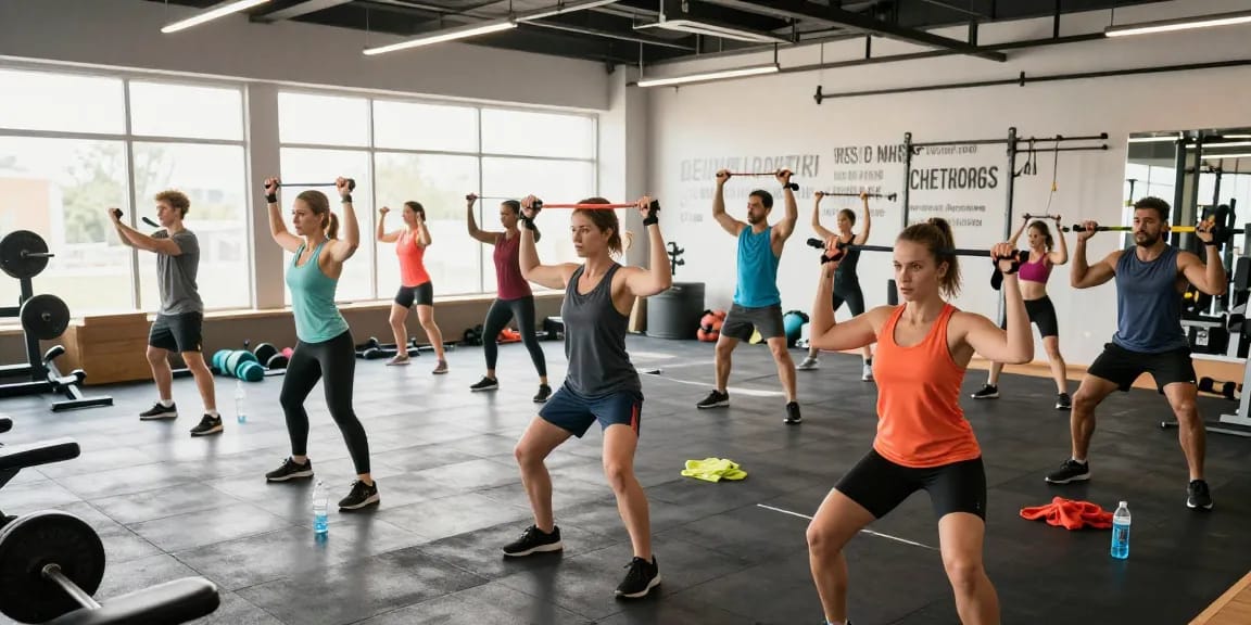 Prime Pharma Steroids in een dynamische sportschooltraining met diverse sporters en apparatuur.