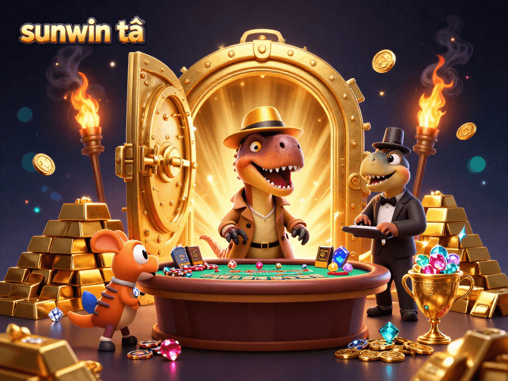 Engage with sunwin tải as a velociraptor strategizes at blackjack with gems and treasures surrounding.