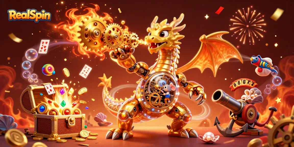 Experience the thrill of gaming at RealSpin, featuring exciting slots and a golden dragon guardian.