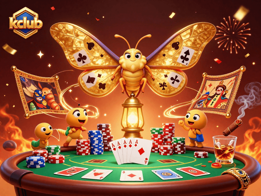 kclub showcases vibrant casino action with a 3D moth and poker elements, creating a thrilling atmosphere