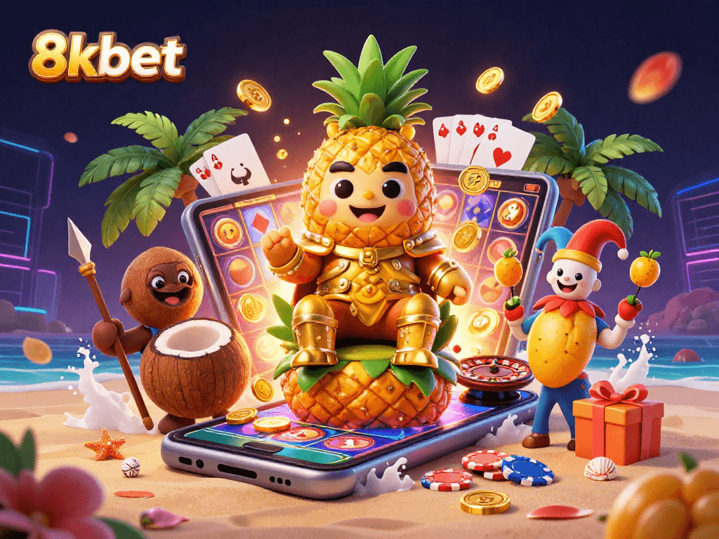 Engage in gaming excitement at 8kbet with a golden pineapple king and dynamic casino elements.
