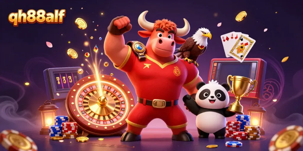 Experience the thrill of qh88alf with a dynamic casino illustration featuring a bull, eagle, and panda!