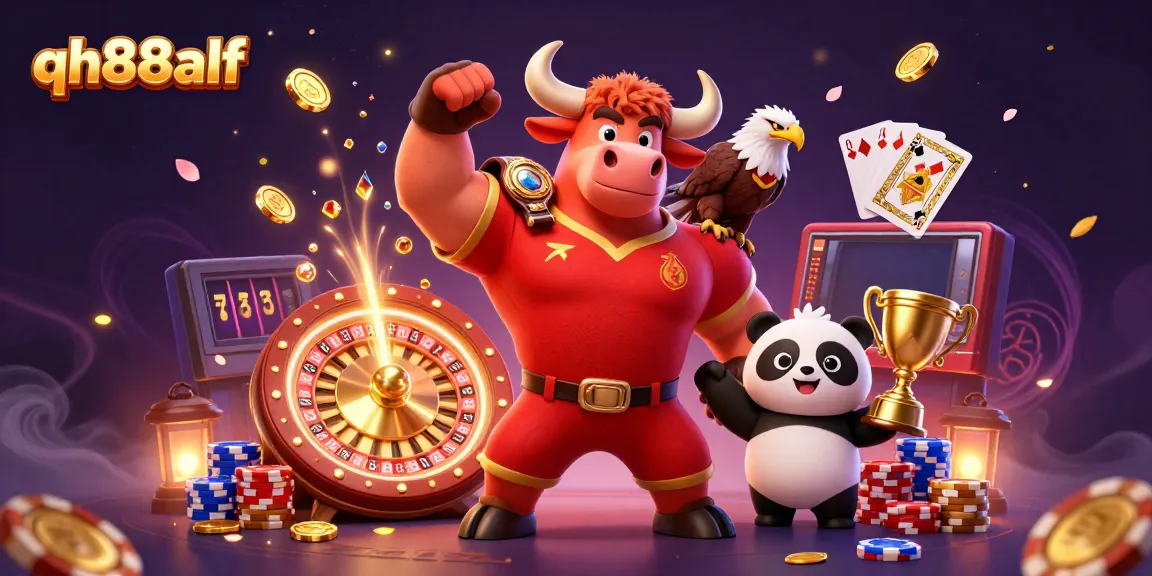Experience the thrill of qh88alf with a dynamic casino illustration featuring a bull, eagle, and panda!