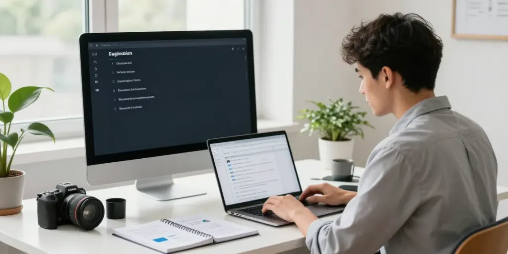Domeinnaam registreren in een professionele werkruimte met ondernemer die op laptop werkt.