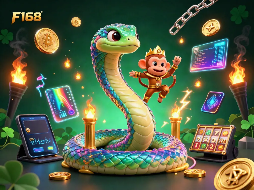 Experience the vibrant F168 gaming adventure with a rainbow serpent, monkey king, and dazzling crypto elements.
