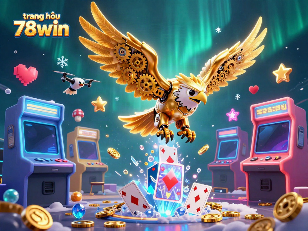 Engage with exciting gameplay at trang chủ 78win with vibrant 3D casino scenes featuring flying cards and cybernetic characters.