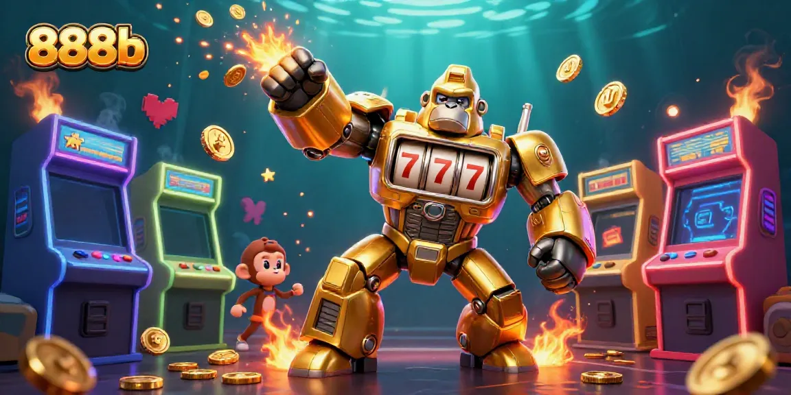 Engage with thrilling gameplay at 888b featuring a golden gorilla mech and arcade machines.