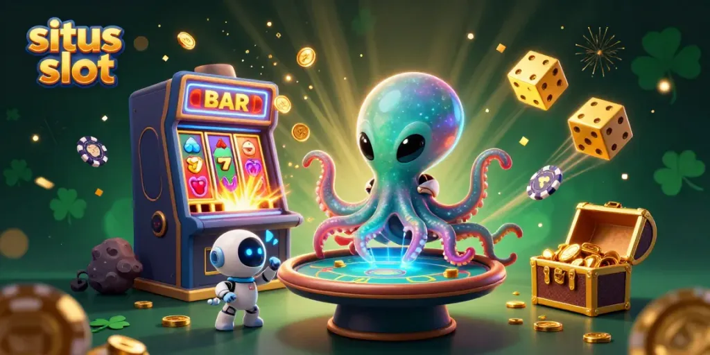 Experience thrilling gameplay at situs slot with a playful alien octopus and casino elements bursting with excitement.