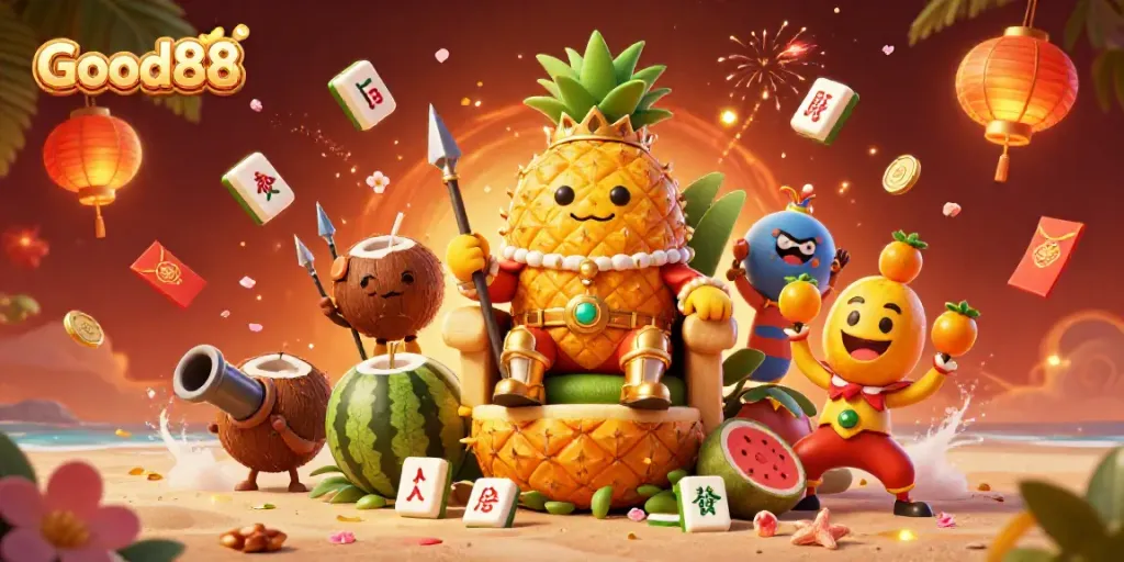 Join the fun at Good88's lively casino scene with vibrant characters and captivating game elements.