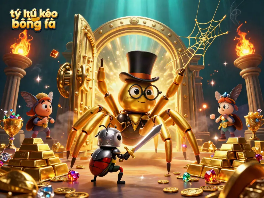 Engage in tỷ lệ kèo bóng đá with captivating visuals of a brave beetle knight and a golden spider in a rich casino setting.