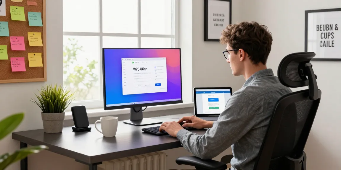 Download WPS Office on a laptop in a modern home office setup, with productivity tools and natural light.