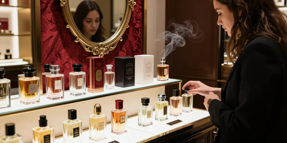 Troepjes van Arabisch parfum in luxe parfumboutique met klant die geuren verkent.