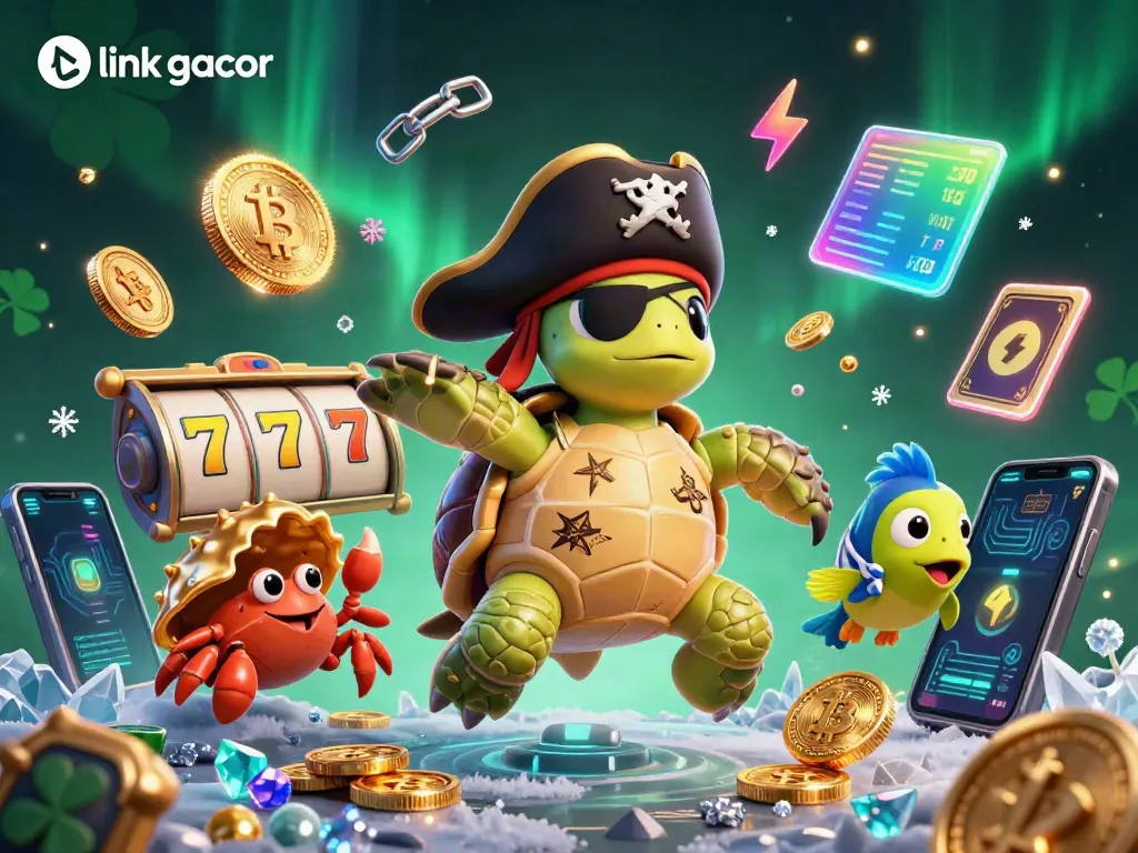 Play exciting slots with link gacor featuring a vibrant turtle, crab, and parrotfish amidst treasures.