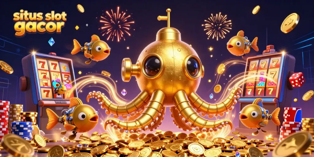 Menggoda kemenangan di situs slot gacor dengan mesin slot bertema 3D, dikelilingi koin emas dan efek visual menarik lainnya.