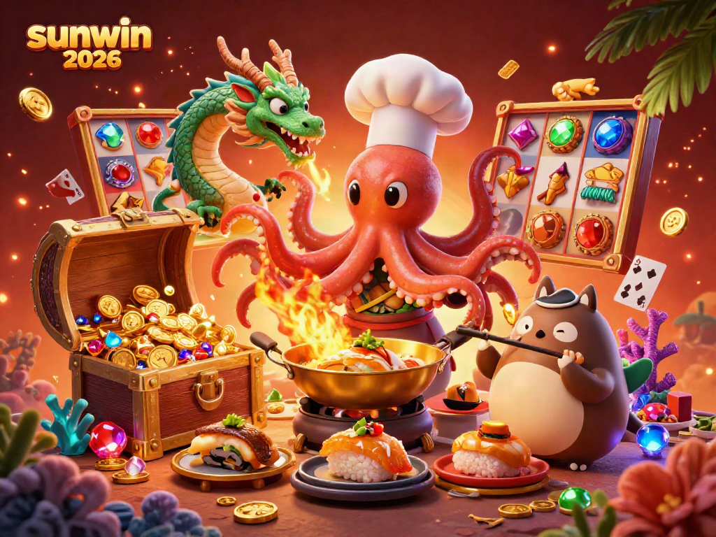 Experience the excitement of sunwin 2026 with this vibrant scene featuring casino elements and dynamic characters.