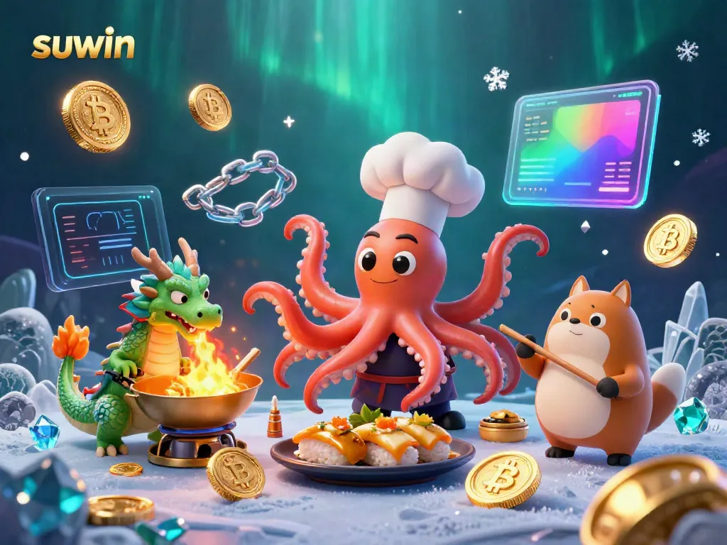 Engage in casino excitement with suwin as the octopus chef prepares golden dishes among Bitcoin and Ethereum coins.