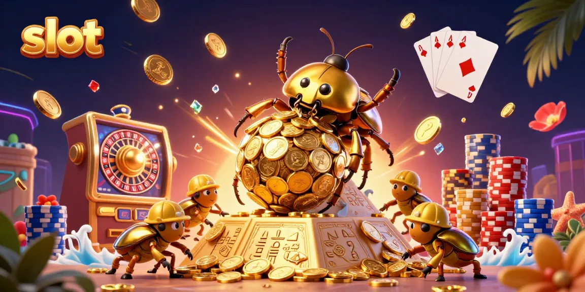 Experience the thrill of slots with dynamic golden coins, lucky sevens, and energetic beetles in an exciting casino setting.