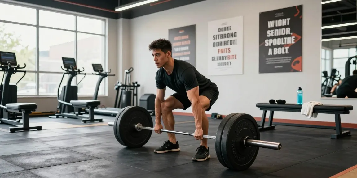 Man deadliften met barbell in Prime Pharma Steroiden Winkel, energieke sportsfeer met fitnessapparatuur.