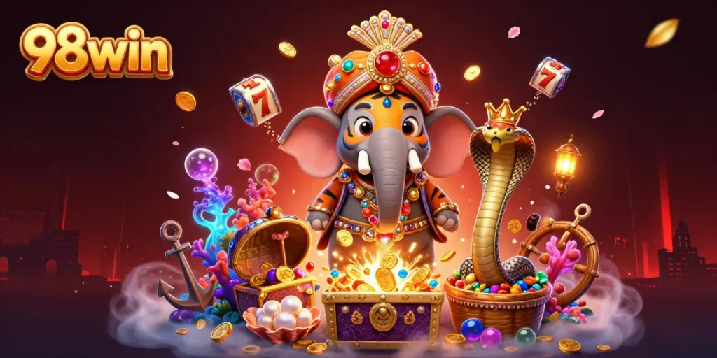 Engage with 98win's vibrant casino illustration showcasing dynamic gaming elements and rich visuals.