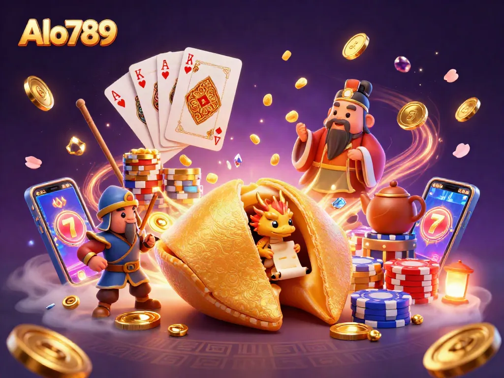 Alo789 showcases a vibrant 3D casino scene filled with cascading coins and luck, highlighting gaming excitement.