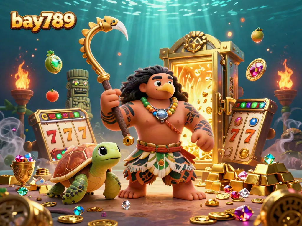Experience the excitement of bay789 with vibrant slot reels and treasures in a dynamic casino scene.