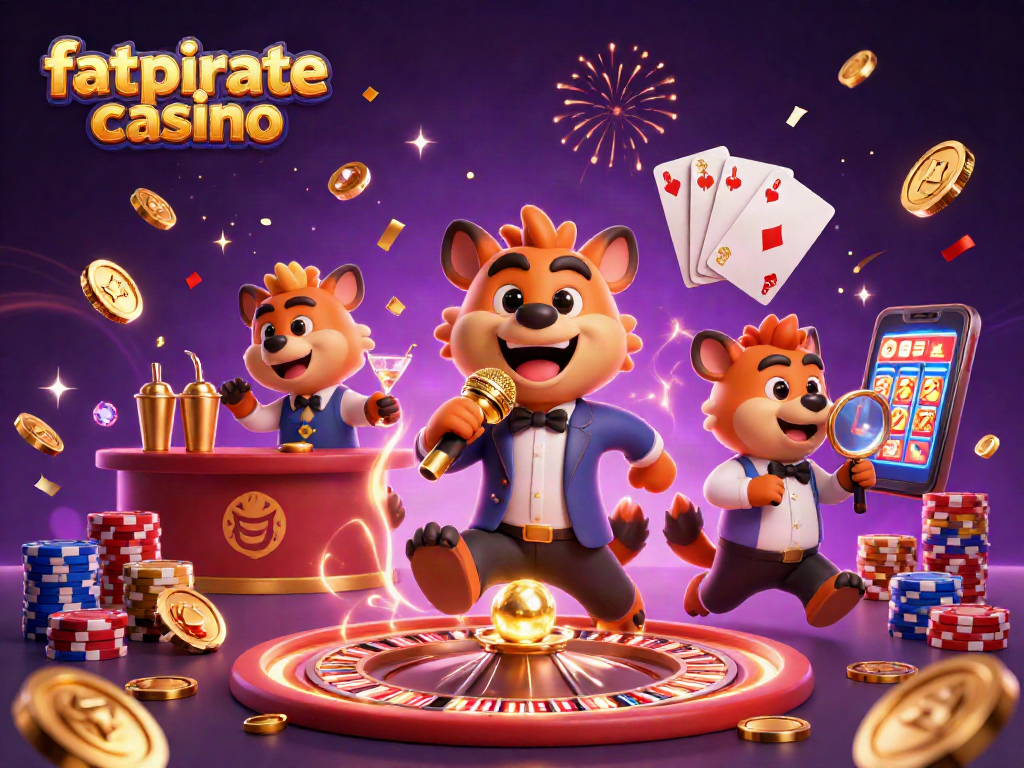 Experience fatpirate casino with lively hyena characters at a vibrant comedy club surrounded by gaming elements.