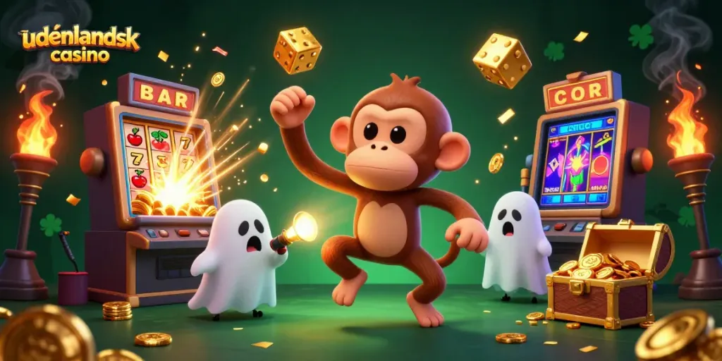 Engage in thrilling oyun action with udenlandsk casino featuring a playful ghost monkey and a curious puppy in a vibrant haunted setting.