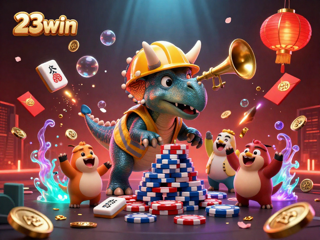 Experience 23win by celebrating a poker chip pyramid created by a triceratops in a vibrant casino-themed scene.
