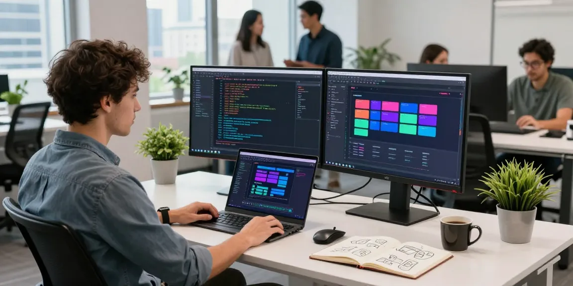 Build internal tools with AI in a modern office environment, showcasing active software development and collaboration.
