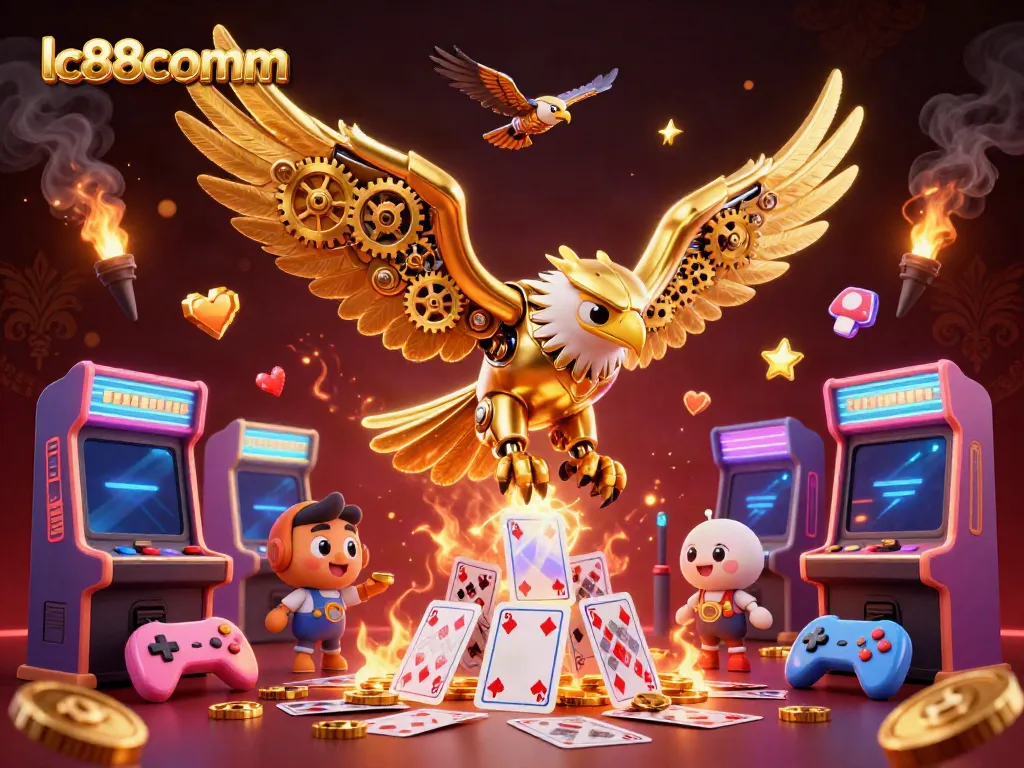 Experience thrilling gameplay action at lc88comm with a golden eagle diving through holographic cards.