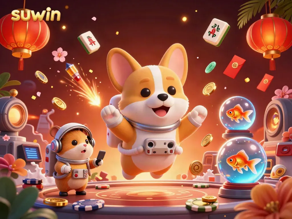 Suwin offers a vibrant 3D casino experience with an astronaut corgi floating amidst casino elements.