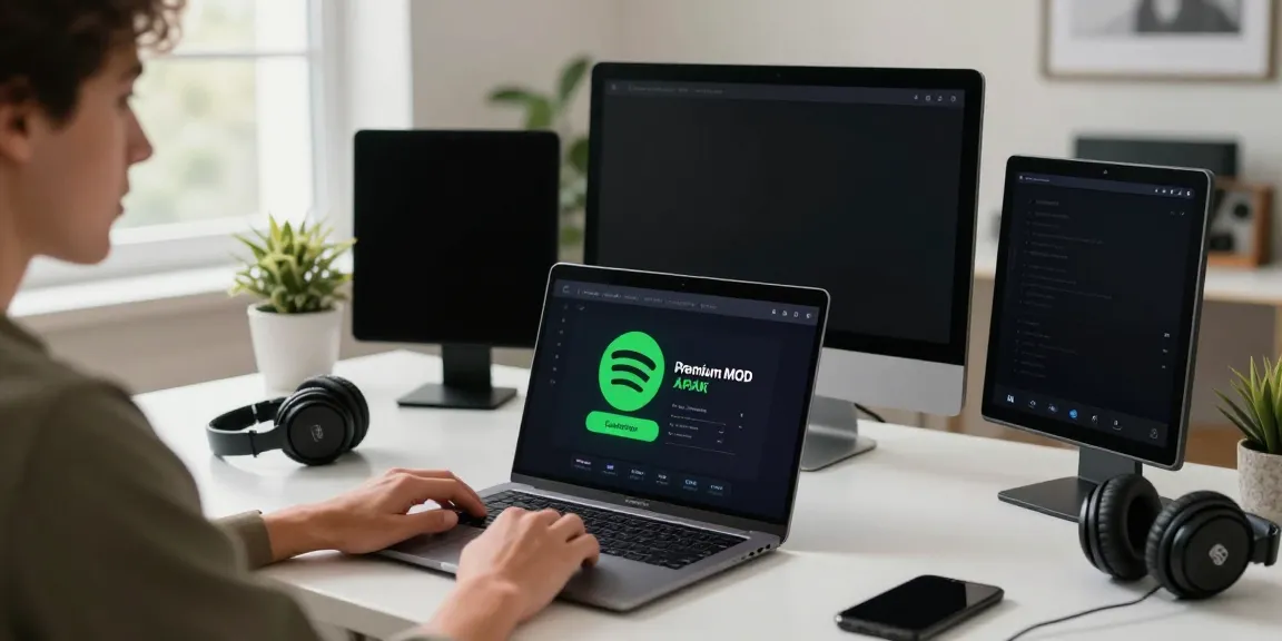 Downloading Spotify premium crack download on a modern laptop in a cozy workspace.