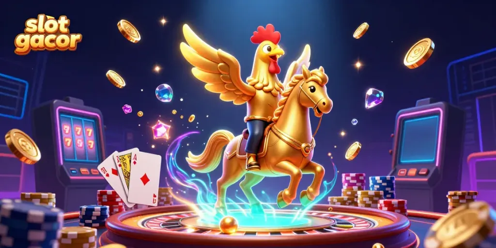 Explore slot gacor with the lively golden rooster in a vibrant casino scene full of exciting game elements.