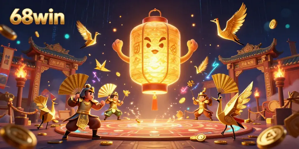 Experience the excitement of 68win with a vibrant gaming scene featuring golden lanterns and warriors.