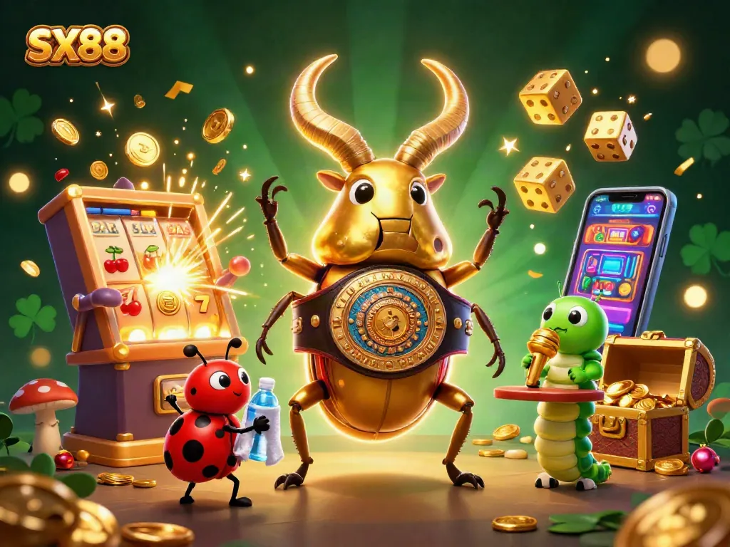 SX88 showcases a giant golden stag beetle and a ladybug amidst a lively casino scene of slots and jackpot excitement.