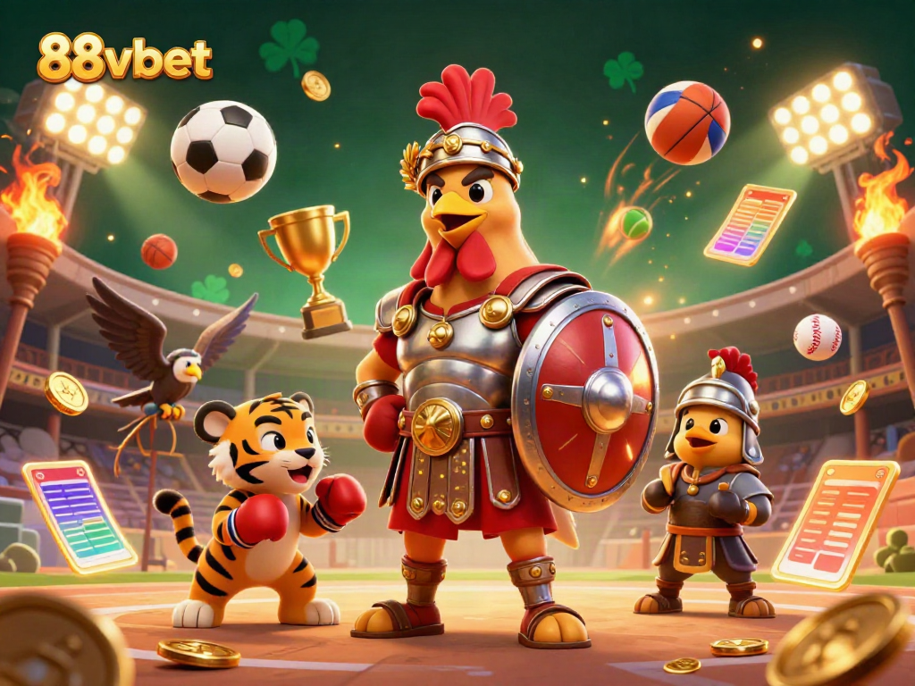 Experience thrilling action with 88vbet's vibrant casino illustration showcasing a gladiator rooster and tiger cub in dynamic gambling excitement.
