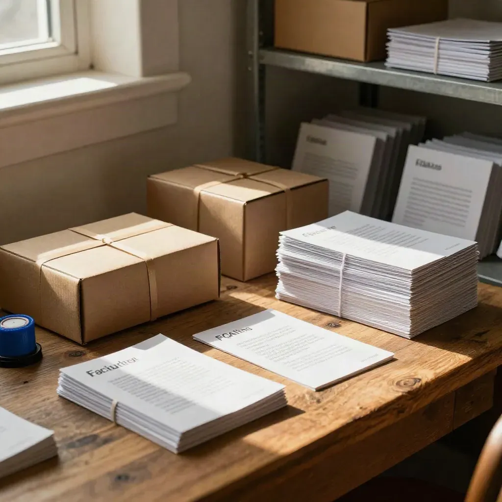 FAQ-bundels, retourdozen en maatstapels op een houten werkvlak in warm zijlicht.