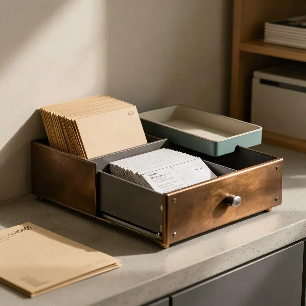 Een helpdeskopstelling met ladebak, servicekaarten, verzendzakken en inbox-tray in zacht licht.