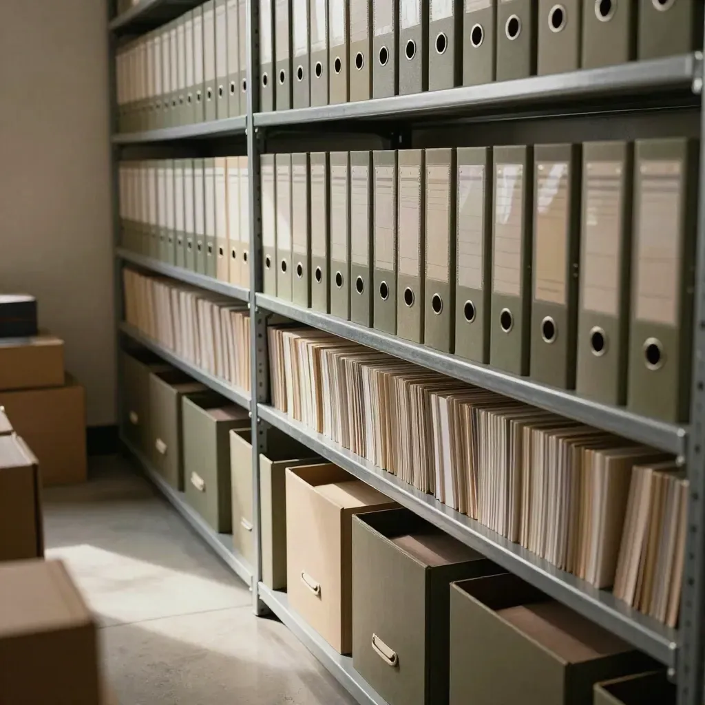 Sfeervolle archiefhoek met ordners, archiefdozen en indexkaarten op open planken.