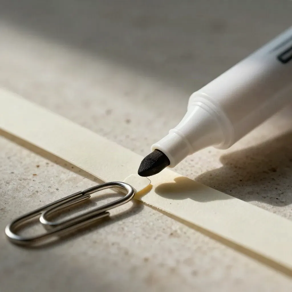 Macro van markeerstift, tabs, proefstrook en paperclip op travertin.