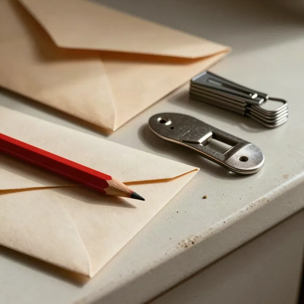 Close-up van enveloppen, een rood potloodstompje, metalen briefopener en clipbundel op een papieren werkvlak