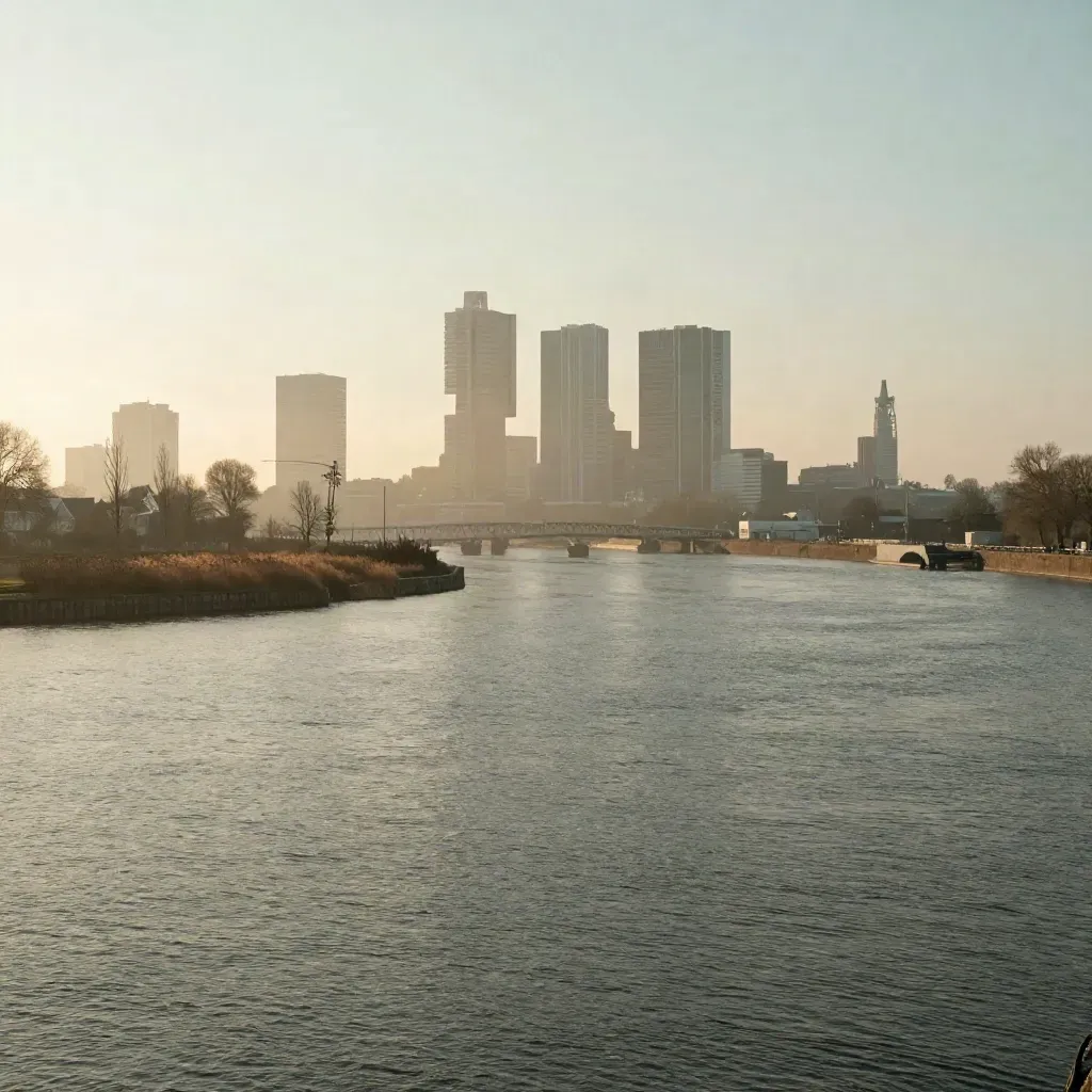 Rotterdamse skyline in mist boven de Maas met brede rivier en rustige kades