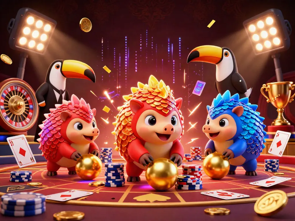 Rival pangolins in vibrant colored armor competing in AE8888 casino-themed scene.