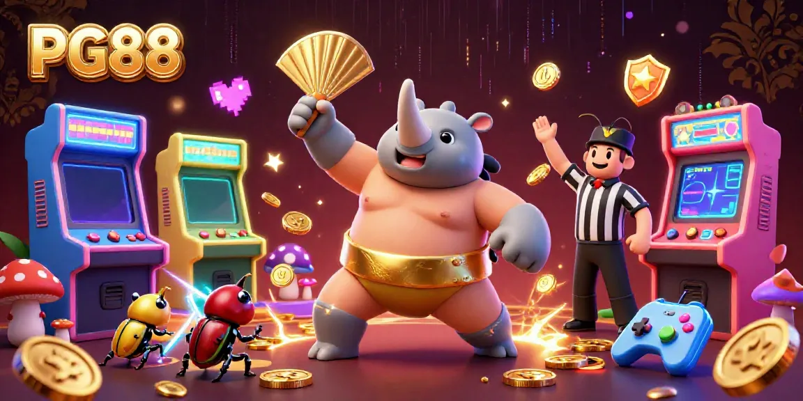 Experience excitement at PG88 with a dynamic scene showcasing a cartoon beetle champion, casino elements, and vibrant visuals.