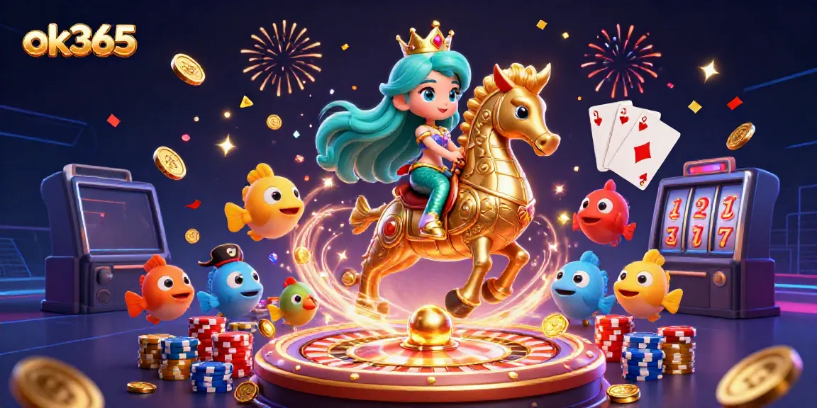 Experience the thrill at ok365 with an enchanting mermaid princess and giant seahorse amidst cascading gold coins and vibrant game elements.