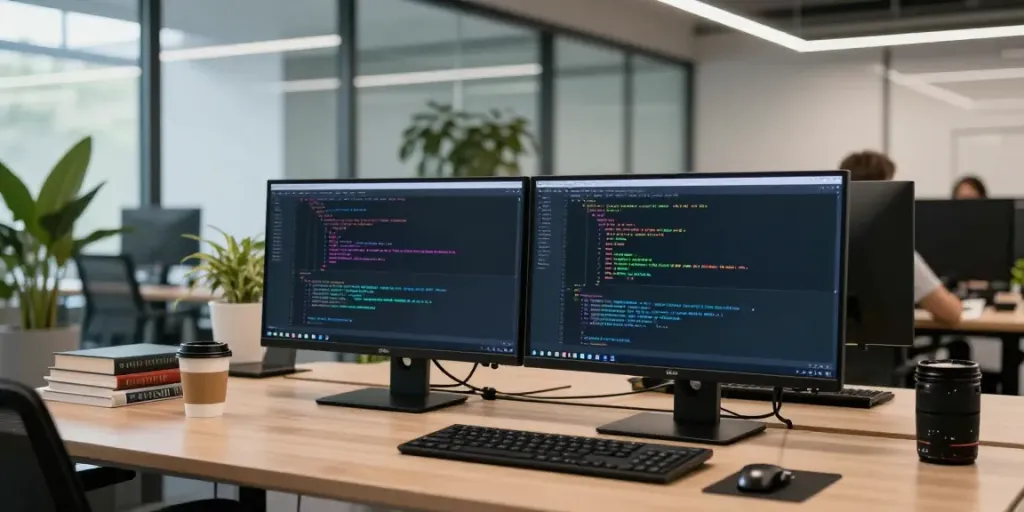 Developer optimizing generative engine algorithms in a modern workspace